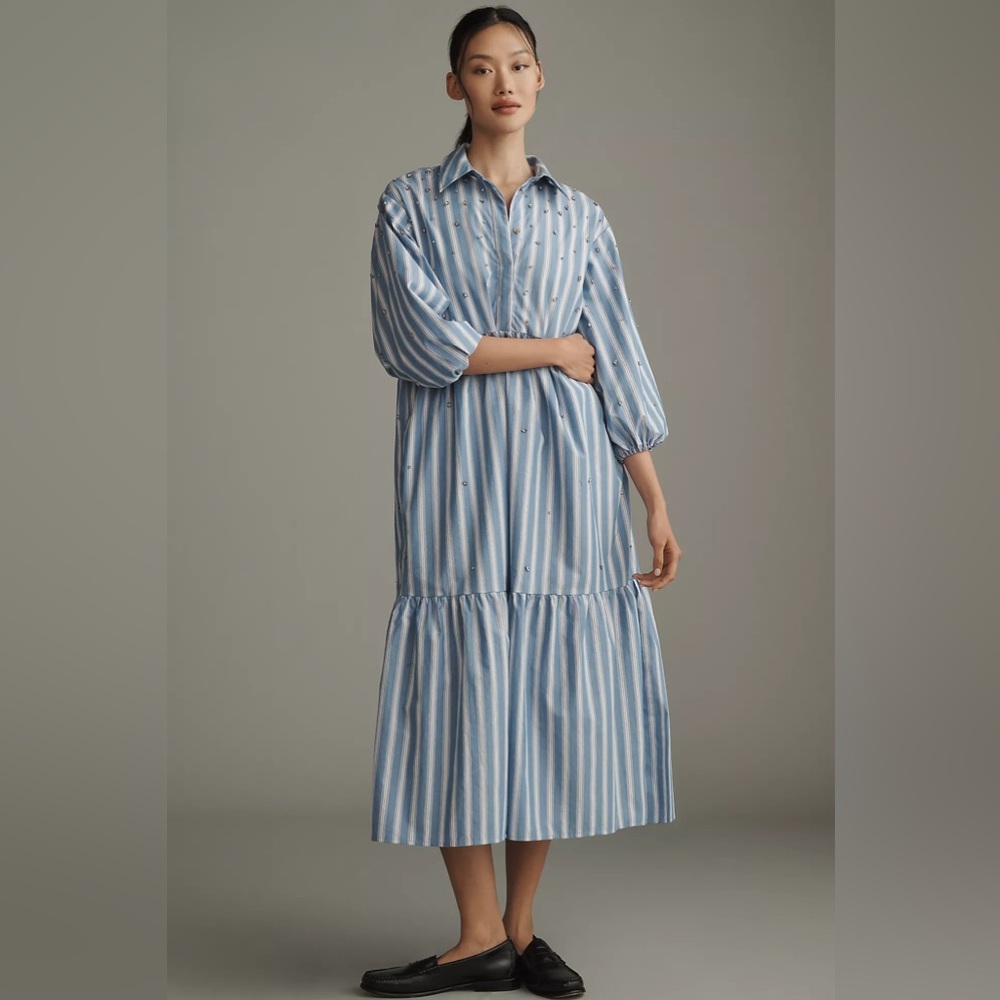 Anthropologie The Bettina Embellished Tiered Shirt Dress by Maeve